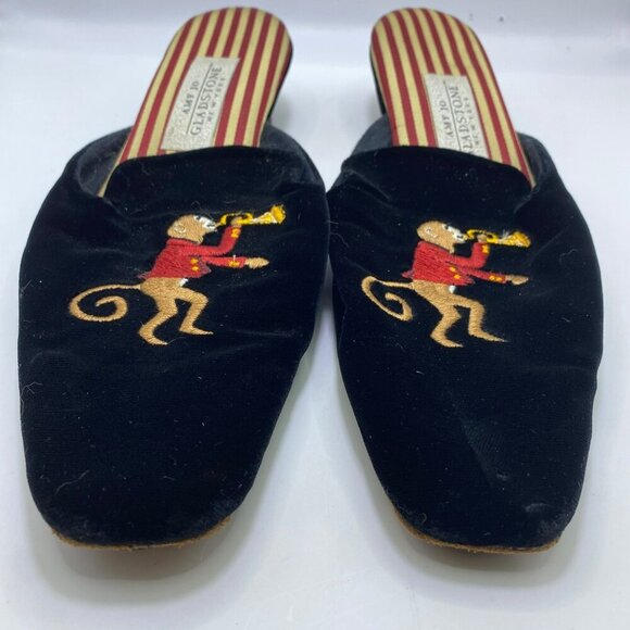 Amy Jo Gladstone Black Velvet Monkey Paying  Trumpet Slip On Mules Size Medium - Picture 5 of 13